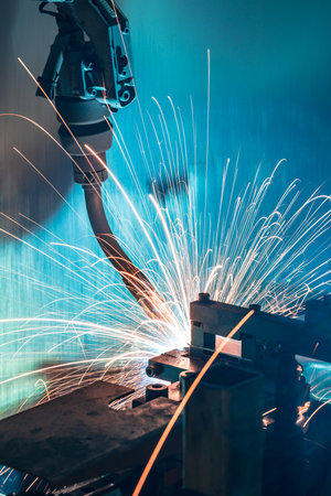 The movement of the robot welding in an auto parts factory.の写真素材