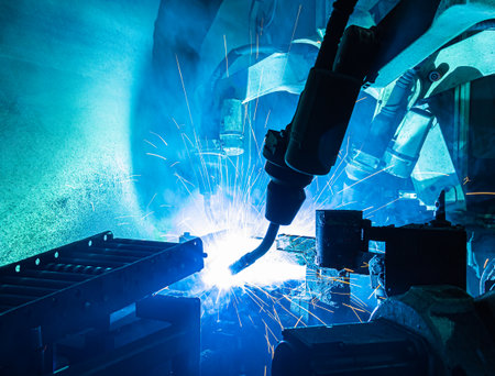 Welding robots movement in a car factory, automotive parts industryの写真素材