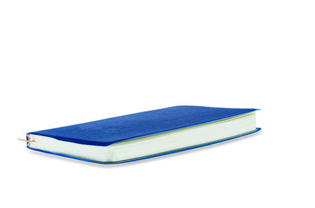 Blue diary, isolated on white background with shadowの写真素材