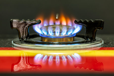 Gas stove head modern kitchen cook with blue flames burning. Burning blue gas.の写真素材