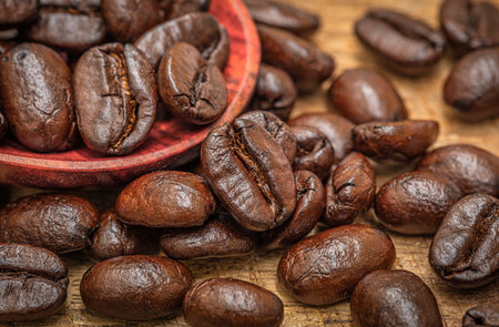 Elegant coffee bean aroma in a wooden backgroundの写真素材