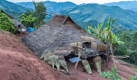 Hill tribe village thatched with roof grass In Thailandのeditorial素材