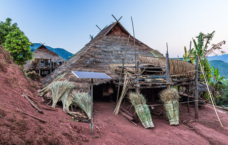 Hill tribe village thatched with roof grass In Thailandのeditorial素材