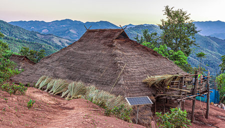 Hill tribe village thatched with roof grass In Thailandのeditorial素材
