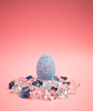 Blue easter egg in a sunset of pink background laying on  blue and white transparent crystalsの写真素材