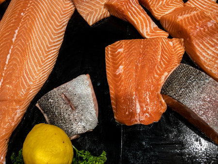 Fresh slice salmon in ice basketの写真素材