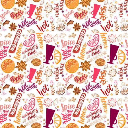 Decorative vector pattern with illustration and handwritten brush lettering. Background with hot wine spices and ingredients to cook mulled wine on white background.のイラスト素材