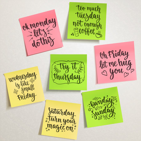 Vector handwritten words on colorful note papers for your design on light background.