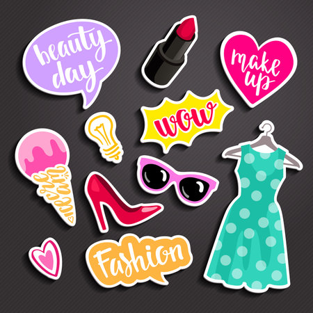 Vector illustration isolated.Set of stickers, patches in cartoon comic style.のイラスト素材