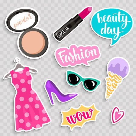 Set of stickers and patches in cartoon comic style. Vector illustration isolated.のイラスト素材