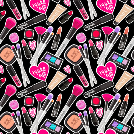Vector background with stickers, pins, patches in cartoon comic style on black background.のイラスト素材