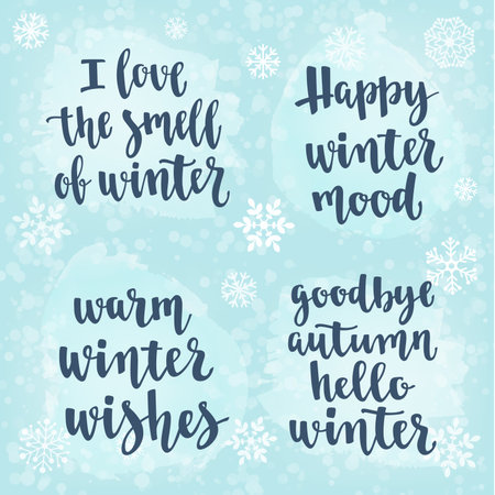 Modern calligraphy style handwritten lettering with snowflakes. Vector illustration for cards, leaflets, cups or t-shirt on light blue background.のイラスト素材