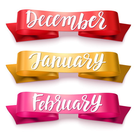 Handwritten modern lettering winter months on colorful ribbons on white background.のイラスト素材
