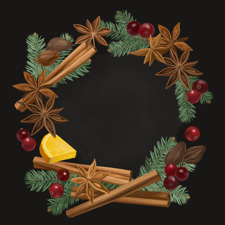 Decorative vector illustration with orange, cranberry, cinnamon, star anise, cardamom, fir and nutmeg wreath. Background with spices and ingredients to cook mulled wine.のイラスト素材