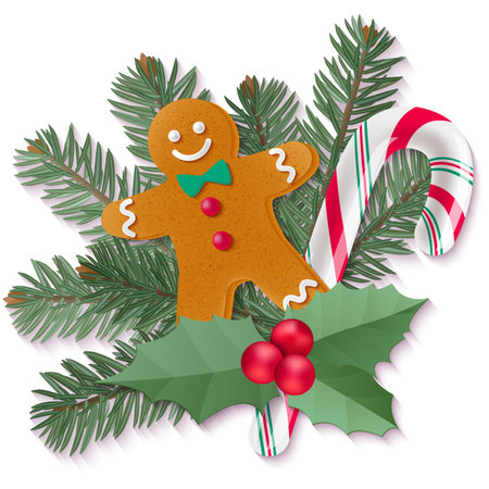 Candy cane, holly, fir and gingerbread Christmas cookie on white background. Vector isolated holiday elements for your design.のイラスト素材