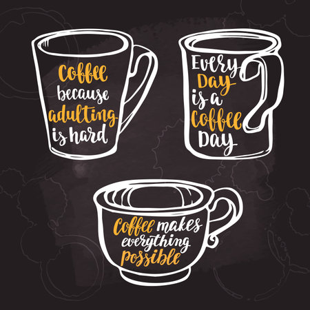 Modern calligraphy style handwritten brush lettering. Hand drawn mugs and beverage phrase. Vector illustration on chalkboard dark background.のイラスト素材