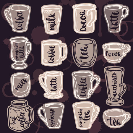 Vector illustration of cups, mugs and glasses. Collection for your design on chalkboard dark background.のイラスト素材