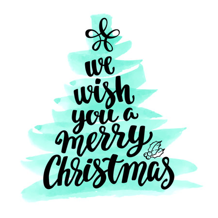 Xmas and Happy New Year tree word cloud, holidays hand lettering collage. Vector elements for your design on white background.のイラスト素材