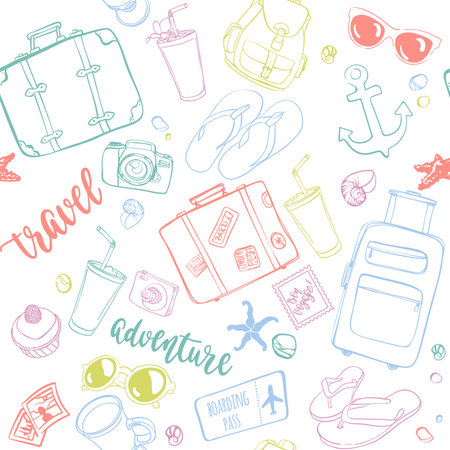 Seamless pattern with hand drawn journey items.のイラスト素材