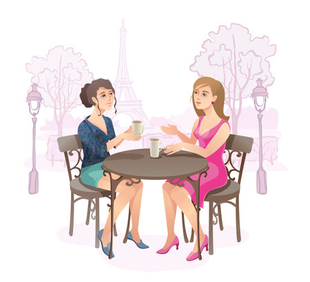 Girls in street cafe.のイラスト素材