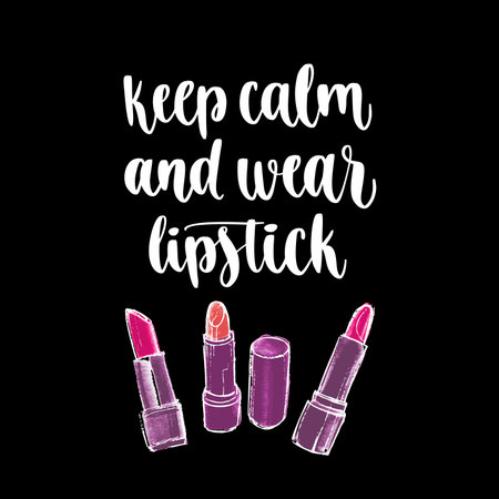 Handwritten lettering. Hand drawn cosmetic elements and motivation quote. Concept for beauty salon, visage. Vector items on chalkboard background.の写真素材