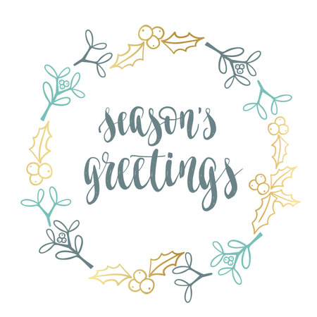 Holidays handwritten calligraphy quote with mistletoe, holly. Vector decorative elements for design greeting card, Invitation on light background.の写真素材