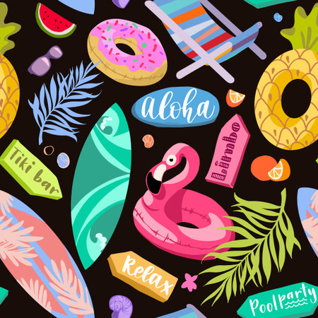 Summer beach vacation elements seamless pattern. Lifebuoys, swimwears, slippers, beach bags and tropical decoration.のイラスト素材