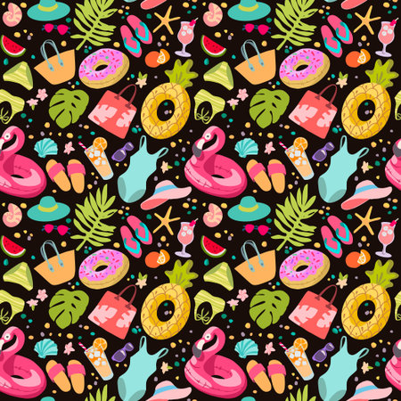 Lifebuoys, swimwears, slippers, beach bags, tropical decoration and cocktails. Vector illustration on black background.のイラスト素材