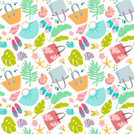 Beach bags, hats, swimwears, slippers, tropical decoration and cocktails. Vector illustration on...