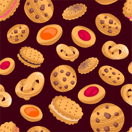 Different cookies seamless hand drawn pattern. Homemade pastry.のイラスト素材