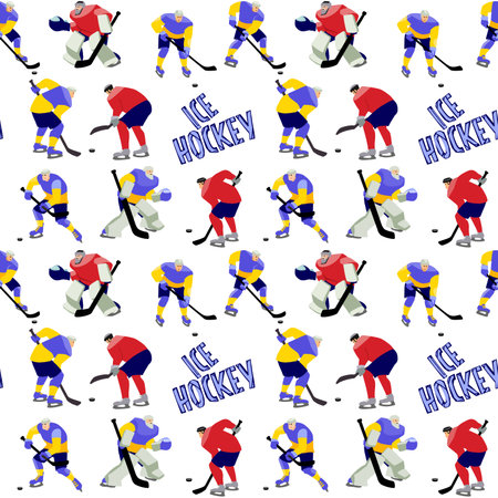 Ice Hockey seamless hand drawn pattern players and lettering.のイラスト素材