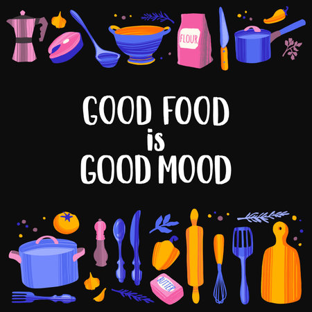 Handwritten lettering cooking quote and hand drawn kitchenware and utensils.のイラスト素材