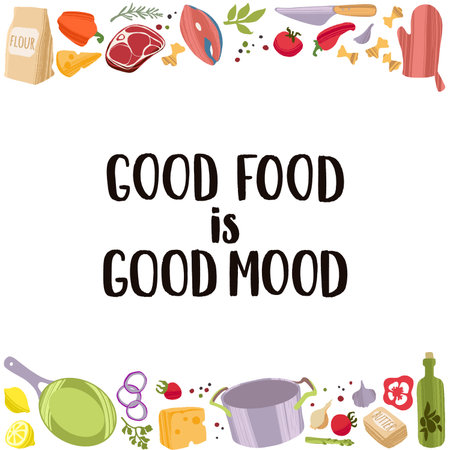 Food preparation and brush ink calligraphy. Vector illustration in flat style isolated on white background.のイラスト素材