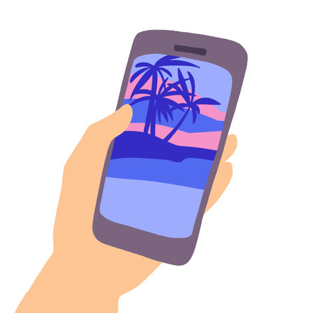 Hand with smartphone. Tropical beach on display.のイラスト素材