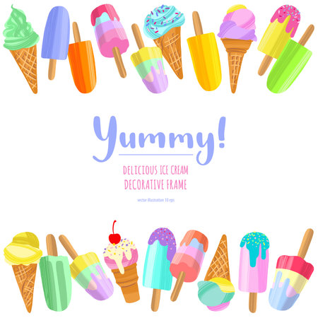 Delicious colorful ice cream hand drawn decorative border.のイラスト素材