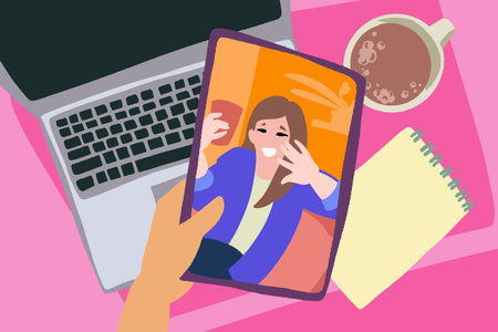 Hand with tab and workspace background. Chatting with friends or family online.