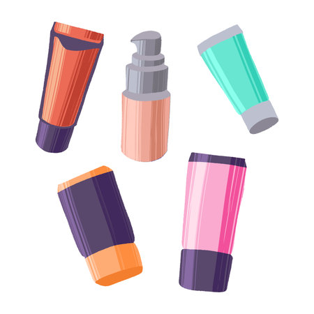 Hand drawn cosmetics set. Professional makeup concealer, highlighter, BB-cream and foundation in tubes and bottles.のイラスト素材