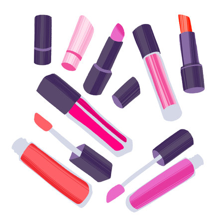 Hand drawn cosmetics set. Professional makeup lipsticks and glosses.のイラスト素材