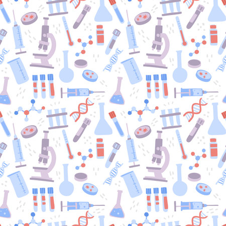 Vaccine creation. Seamless pattern scientific medical research concept.のイラスト素材