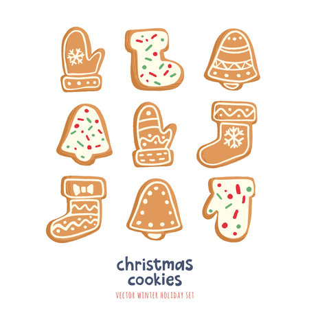 Christmas Gingerbread Cookies Set. Vector illustrations with traditional holiday pastry.のイラスト素材