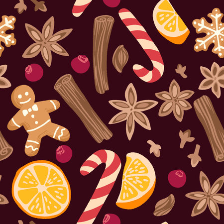 Decorative vector seamless pattern with spices, fruit and pastry.のイラスト素材