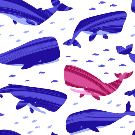 Decorative vector seamless pattern with whales. Ocean animals in trendy flat style.のイラスト素材