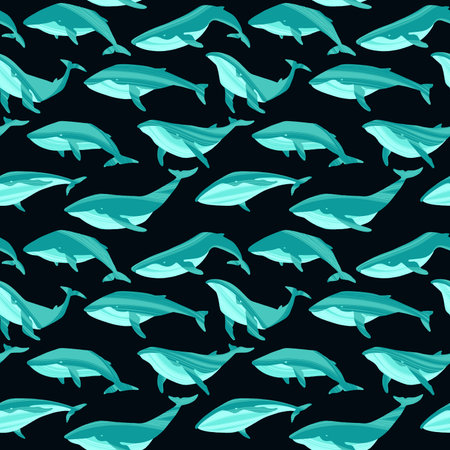 Repeated texture with hand drawn marine mammals: blue whale, white whale and sperm whale.のイラスト素材