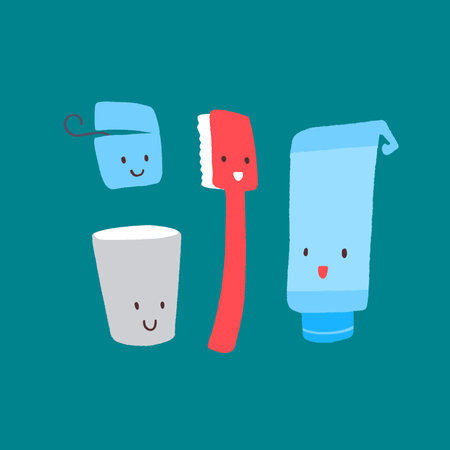 Cute tooth character with toothpaste, toothbrush and dental floss.のイラスト素材