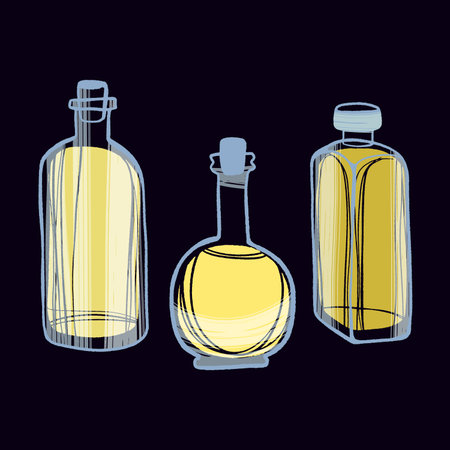 Healthy nutrition product. Vegetables oil in several bottles.のイラスト素材