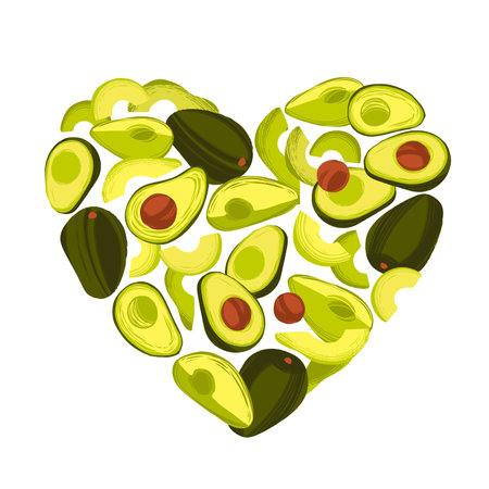 Decorative background with hand drawn whole and sliced avocado in trendy flat style.のイラスト素材