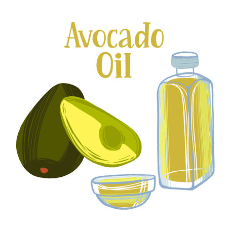 Healthy nutrition product. Avocado oil in a bottle with whole and sliced fruits.のイラスト素材