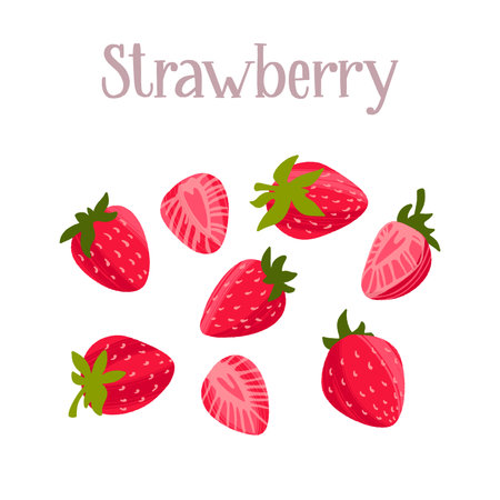 Delicious fresh strawberry, whole and sliced berries. Healthy nutrition product.のイラスト素材