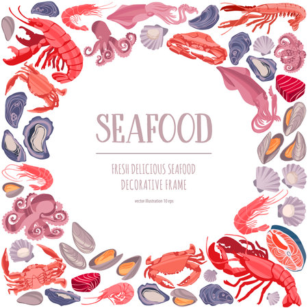Seafood poster. Decorative frame with shrimps, lobsters, salmon, mussels, crabs, scallops, oysters and baby octopuses.のイラスト素材