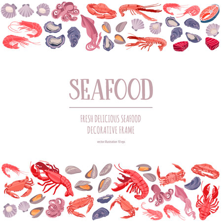 Seafood poster. Decorative frame with shrimps, lobsters, salmon, mussels, crabs, scallops, oysters and baby octopuses.のイラスト素材